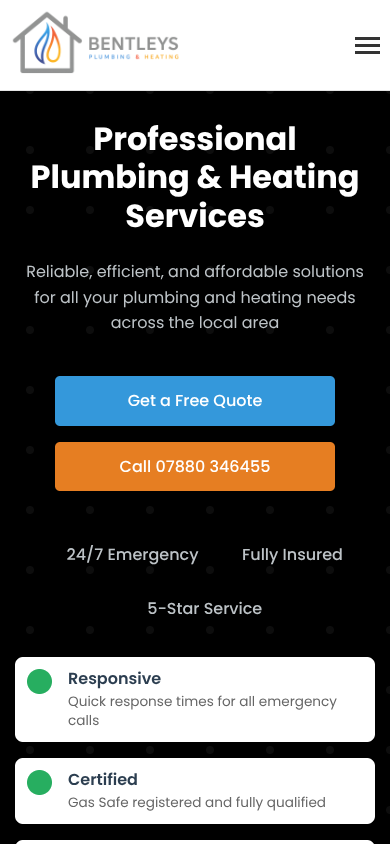 Bentleys Plumbing & Heating mobile website design by Vertibase