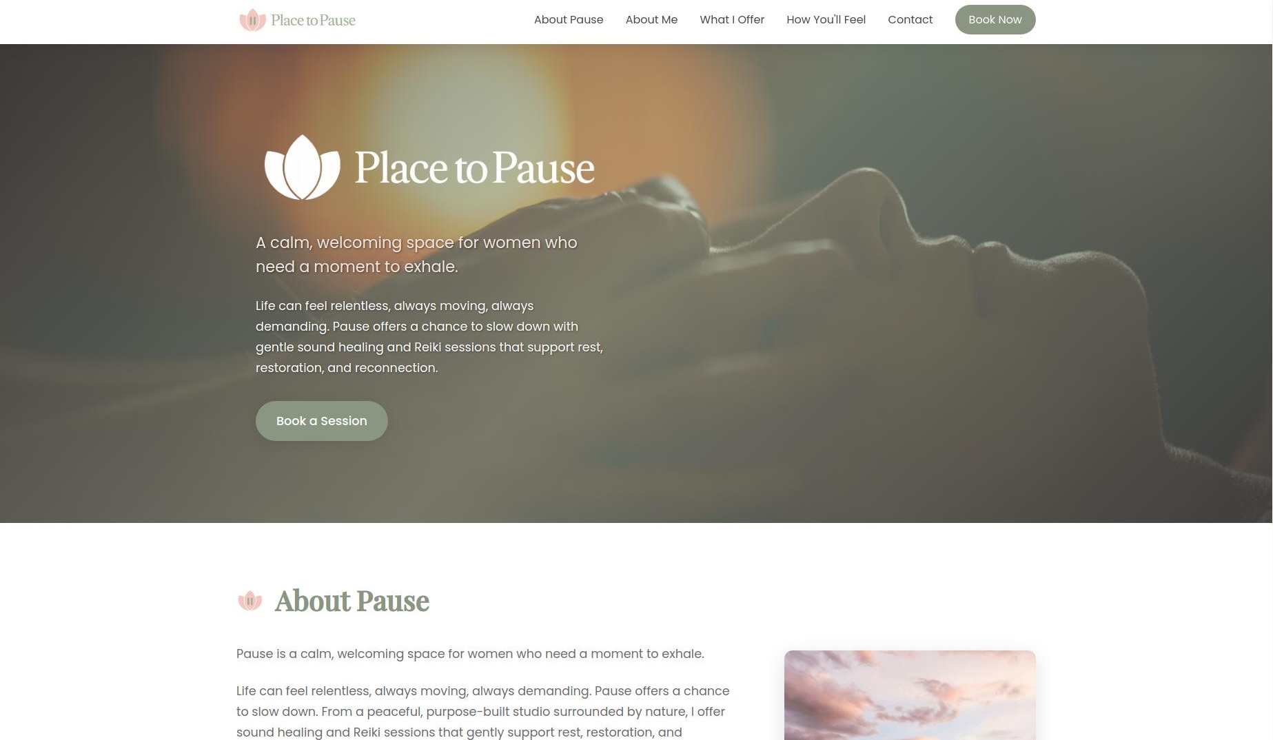 Place to Pause desktop website design by Vertibase